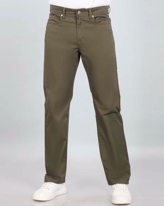 Olive Green Stretch Cotton - Straight Fit 5 Pocket Chinos