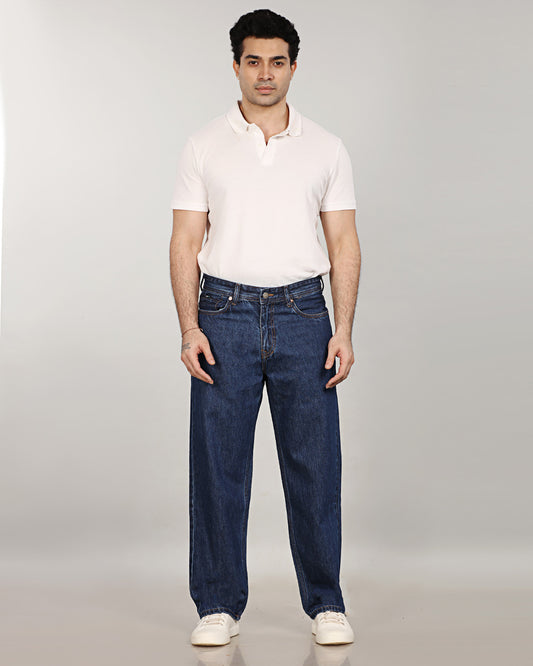Deep Space Blue Non-Stretch Denim - Relaxed Fit Jeans