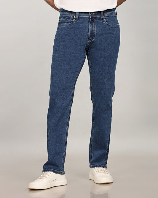 Mid Blue Stretch Denim - Straight Fit Jeans Sale