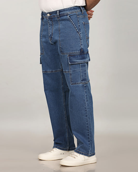 Mid Blue Stretch Denim - Straight Fit Neo Cargo Sale