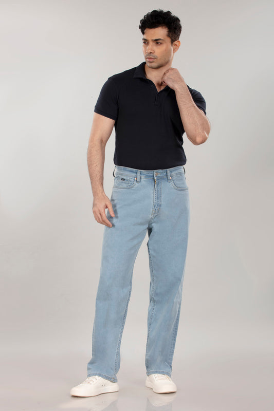 Glacier Blue Non-Stretch Denim - Relaxed Fit Jeans