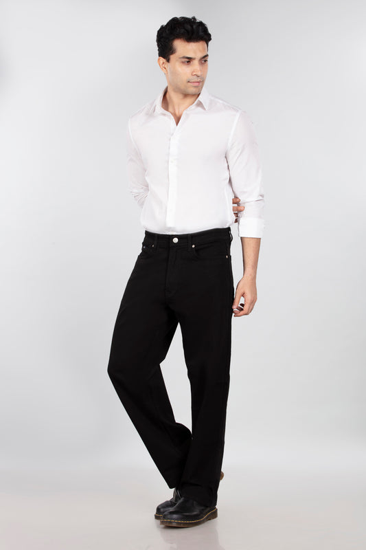 Pure Black Non-Stretch Denim - Relaxed Fit Jeans