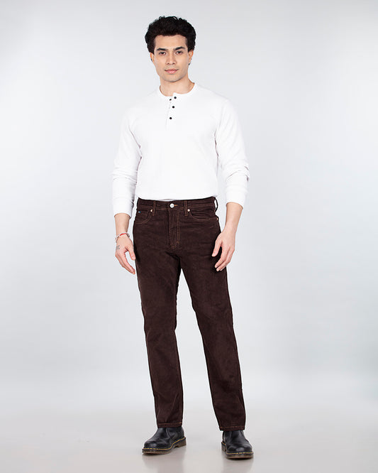 Coffee Brown Stretch Corduroy - Straight Fit Jeans