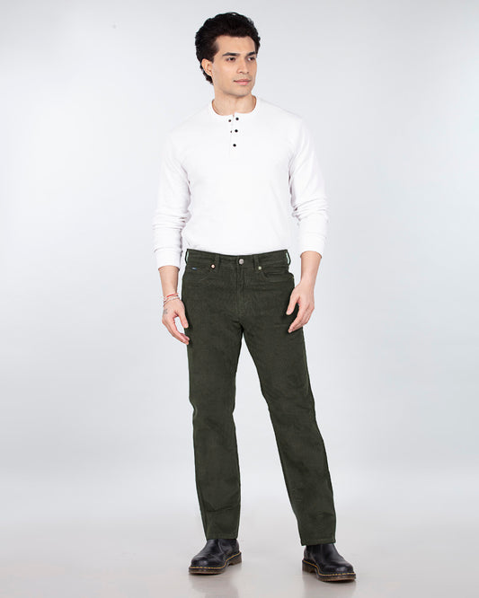 Olive Green Stretch Corduroy - Straight Fit Jeans
