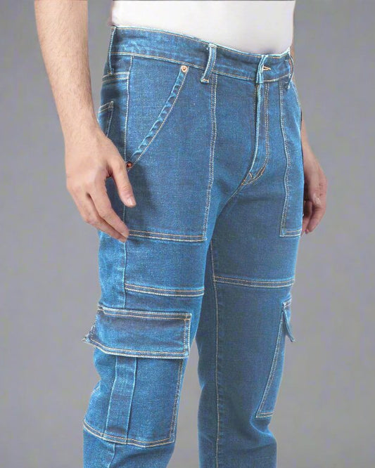 Mid Blue Stretch Denim - Straight Fit Neo Cargo Sale