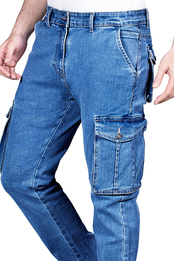 Custom Made Blue Straight Fit Cargo Denim Jeans for Men 