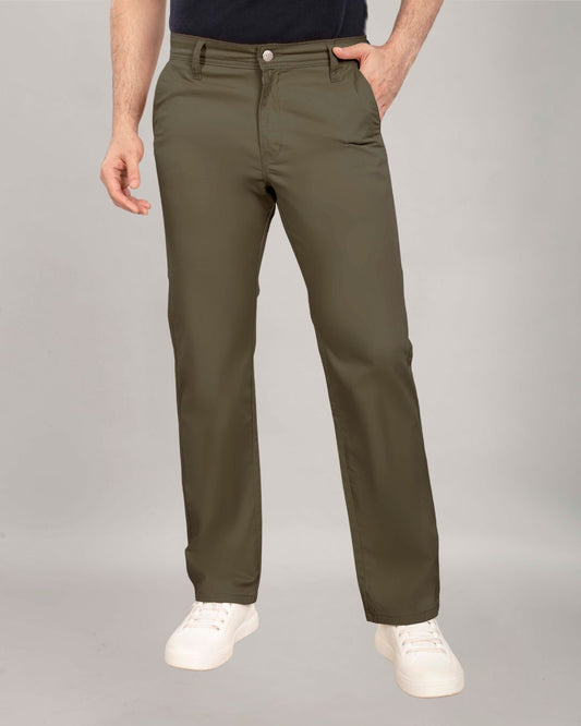 Olive Green Stretch Cotton - Straight Fit Chinos