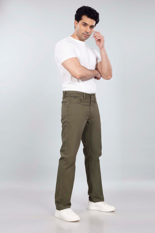 Olive Green Stretch Cotton - Straight Fit 5 Pocket Chinos