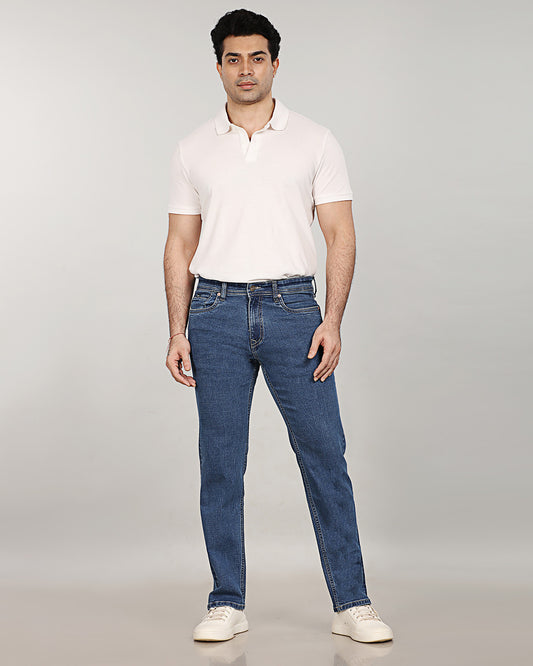 Mid Blue Stretch Denim - Straight Fit Jeans Sale