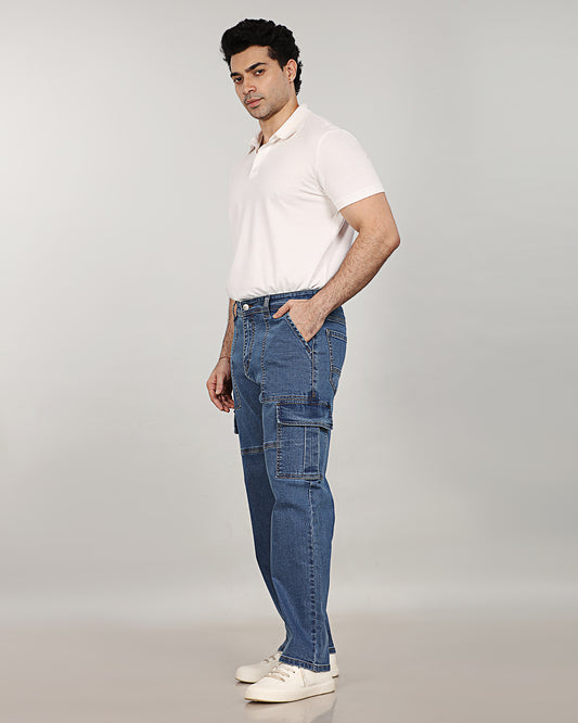 Mid Blue Stretch Denim - Straight Fit Neo Cargo Sale