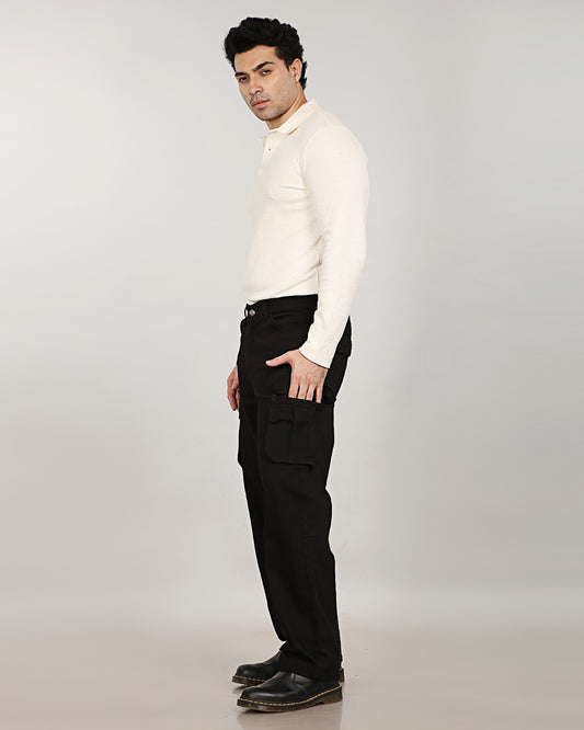 Pure Black Stretch Denim - Straight Fit Classic Cargo Sale