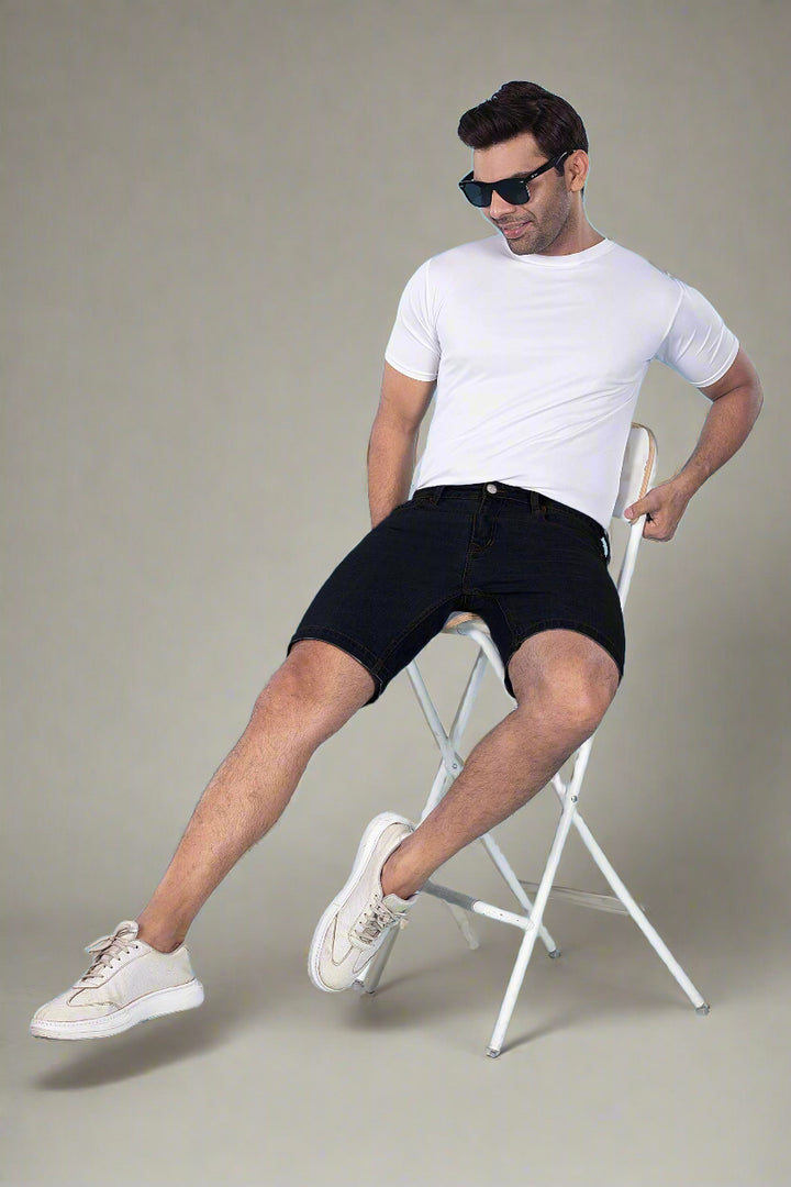 Custom Made Pure Black Mens Denim Shorts 
