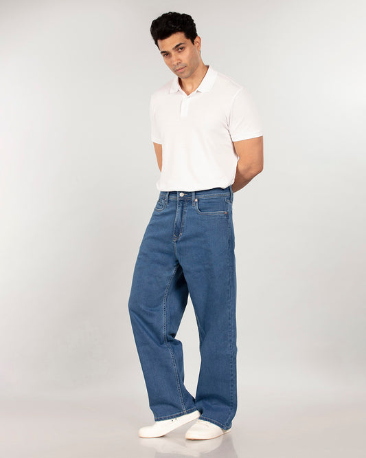 Mid Blue Non-Stretch Denim - Baggy Fit Jeans