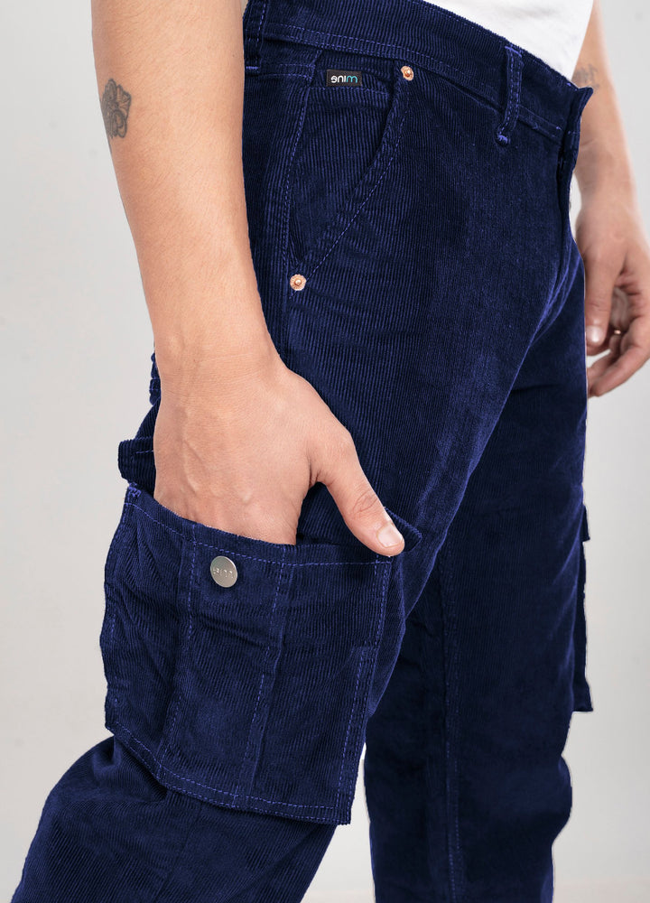 Custom made Navy Blue Classic Straight Fit Corduroy Cargo for Men