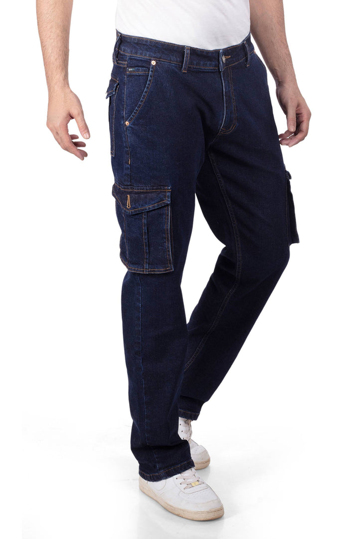 Custom Made Blue Straight Fit Cargo Denim Jeans Mens