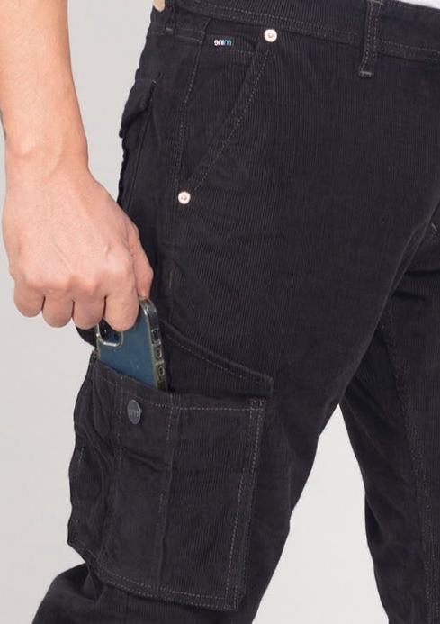 Custom made Pure Black Classic Straight Fit Corduroy Cargo for Men