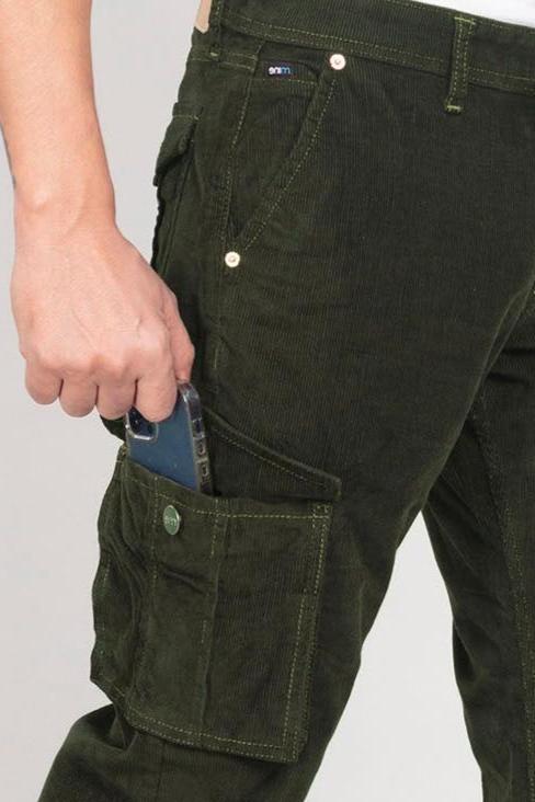 Custom made Olive Green Classic Straight Fit Corduroy Cargo for Men