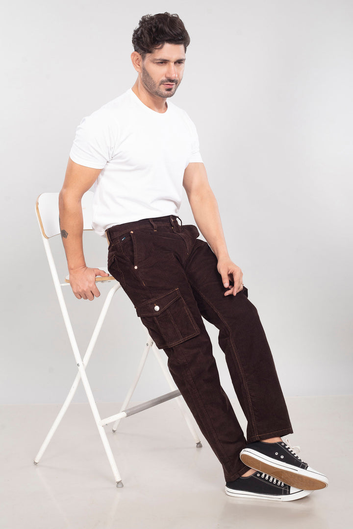 Custom made Coffee Brown Classic Straight Fit Corduroy Cargo for Men