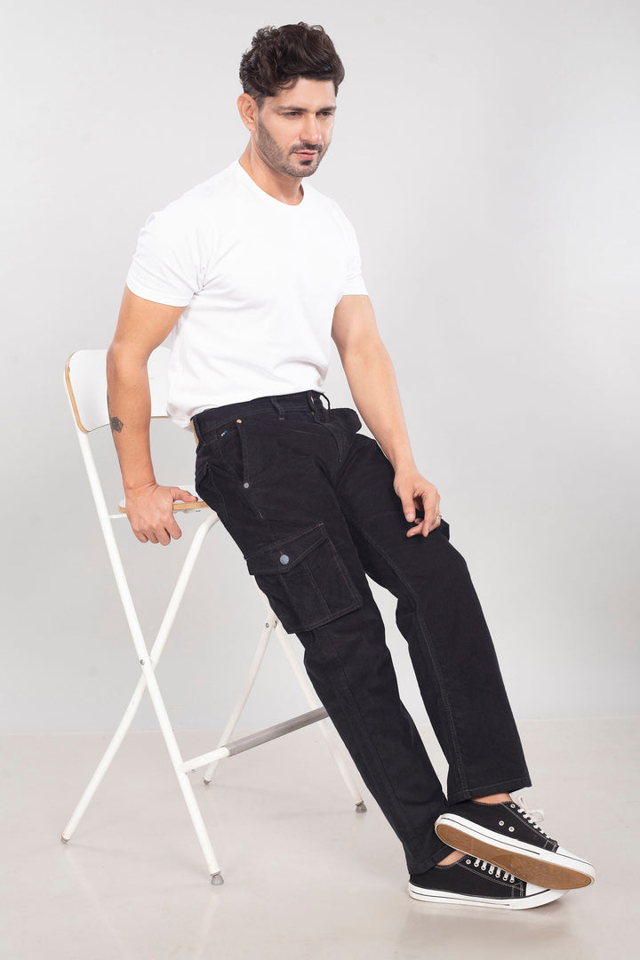 Custom made Pure Black Classic Straight Fit Corduroy Cargo for Men
