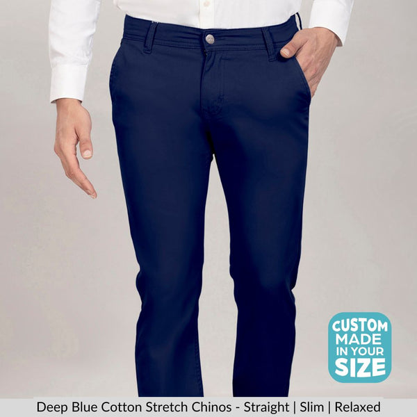 Custom made Deep Blue Cotton Stretch Chinos for Men