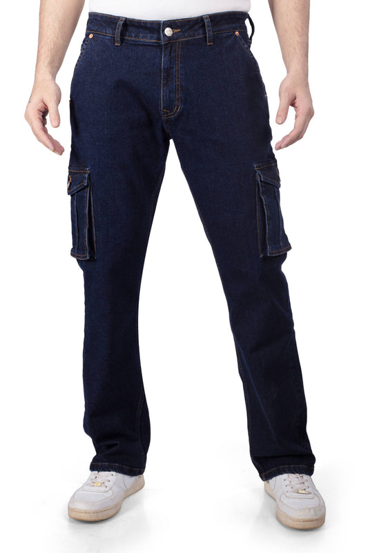 Custom Made Blue Straight Fit Cargo Denim Jeans Mens