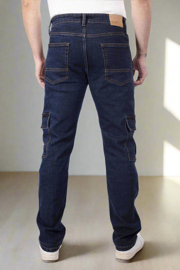 Custom Made Blue Neo Straight Fit Cargo Denim Jeans for Men