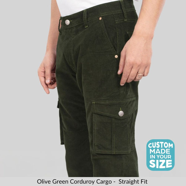 Custom made Olive Green Classic Straight Fit Corduroy Cargo for Men