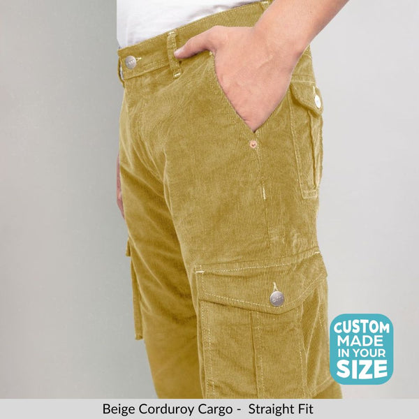 Custom made Beige Classic Straight Fit Corduroy Cargo for Men