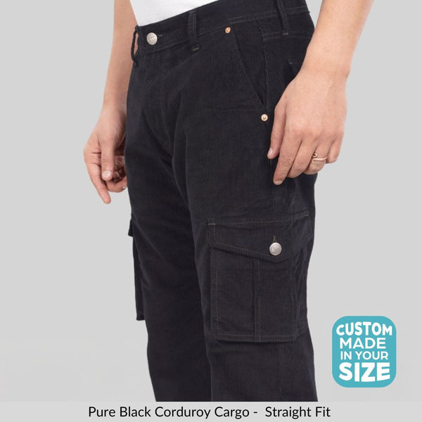 Custom made Pure Black Classic Straight Fit Corduroy Cargo for Men