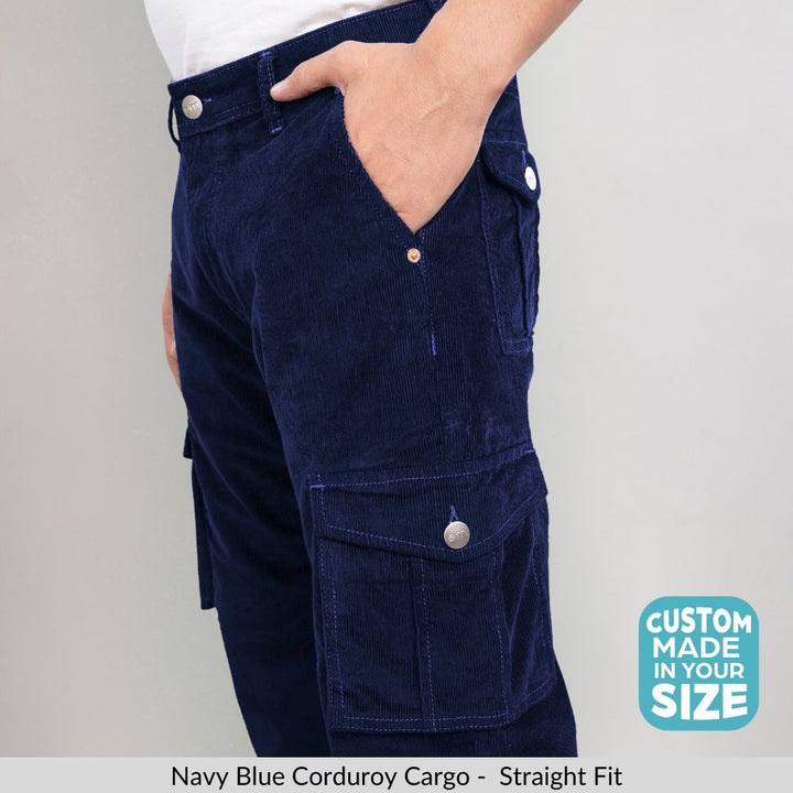 Custom made Navy Blue Classic Straight Fit Corduroy Cargo for Men