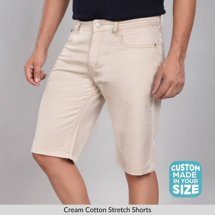 Custom Made Cream Cotton Stretch Shorts for men